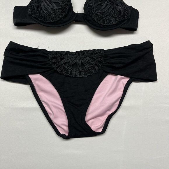 Betsey Johnson Lace Bikini Top Bottom Pink Black - Picture 5 of 10